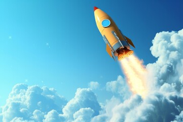 3D Illustration of a Space Rocket Launching into the Blue Sky Among Clouds, Symbolizing Achievement and Exploration.