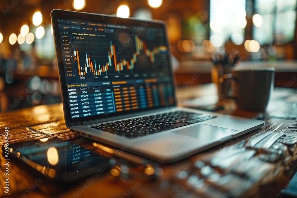Poster a close-up view of a laptop with detailed stock market data displayed on the screen in a cozy cafe s
