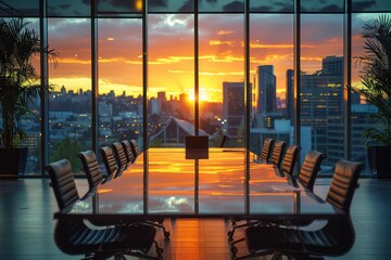 A fiery sunset seen through floor-to-ceiling windows in a sleek, contemporary meeting room with reflections on the table