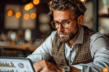 A focused businessman in a plaid jacket reviews charts and graphs on papers in a cozy cafe setting - obrazy, fototapety, plakaty