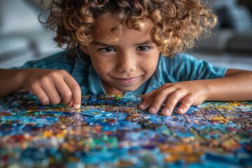 A curly-haired boy engaged in assembling a colorful jigsaw puzzle with focus and enjoyment