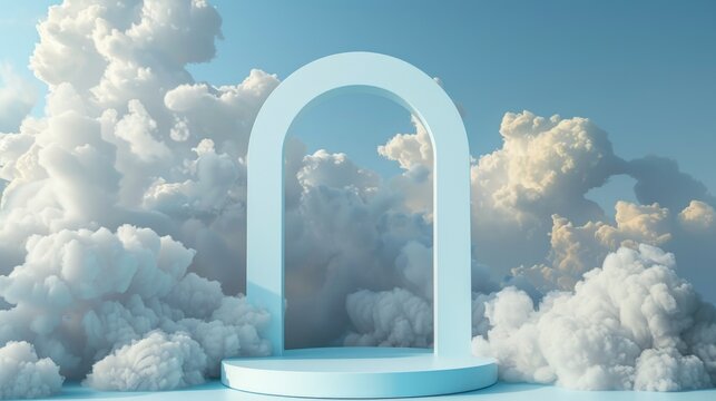 Advertising podium, showcase with arch - 3D render. Futuristic concept display in the clouds. Background with flying fluffy clouds for product presentation.