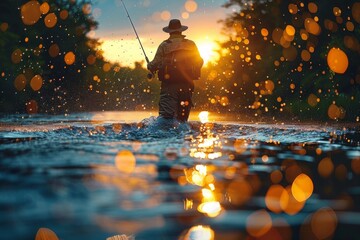 Silhouetted fisherman in water with dynamic lighting and bokeh effect during a golden hour sunset, creating a tranquil scene - obrazy, fototapety, plakaty