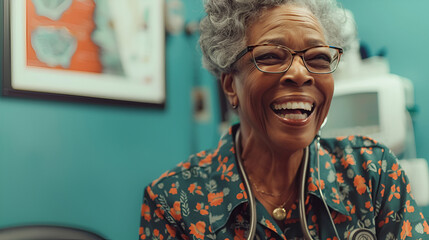 Older Black Woman Radiating Happiness During a Doctor's Office Visit