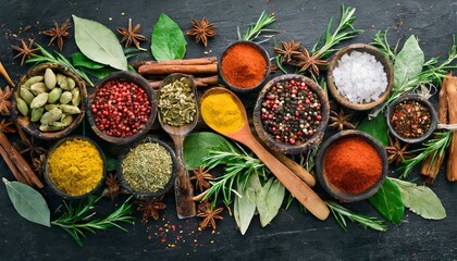 Culinary Kaleidoscope: Indian Spices Displayed on Black Stone Surface