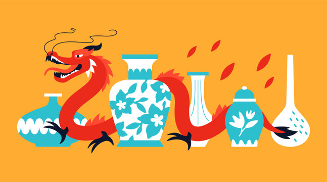 Chinese dragon and porcelain - modern colored vector illustration with set of jugs and vases made of white and blue ceramics and a mythological Asian lizard as a national symbol. Souvenirs idea