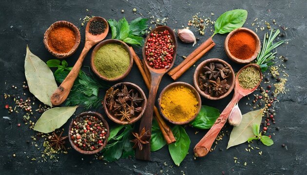 Culinary Canvas: Colorful Herbs and Spices for Indian Cuisine, Top View