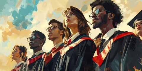 Digital painting of a group of graduating students. Education and school concept.