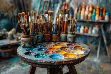An array of colorful oil paints on a wooden palette, accompanied by a collection of used artist...