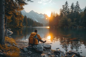 A contemplative individual sits by a serene alpine lake at sunrise, offering a moment of peace and reflection amidst nature