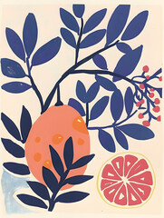 Trendy hand drawn art poster with Lemon or citrus  plant. Fashion summer wallpaper with citrus