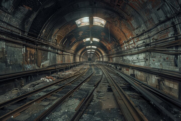 Fototapeta na wymiar The haunting perspective of an abandoned subway tunnel, its tracks leading into the darkness, evokes a sense of mystery and forgotten urban tales