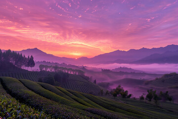 Obraz premium tea plantation morning sky nature panorama background landscape highland natural healthy agriculture environment