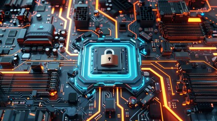 3D rendered image of a padlock on a circuit board, emphasizing tech security and cyber protection.