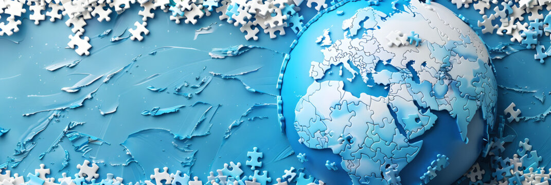 World Autism Awareness Day banner with abstract blue model of the earth made of white puzzles