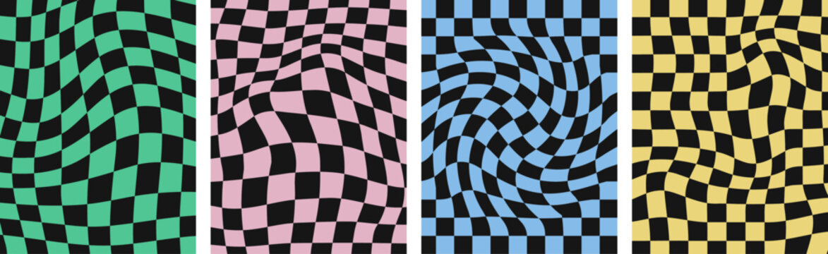 Pastel mosaic cover collection. Psychedelic checkerd backgrounds, groovy posters, retro templates for social media design. Vector illustration