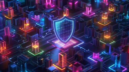 A digital 3D illustration of a glowing shield on a network grid, symbolizing cybersecurity and protection.