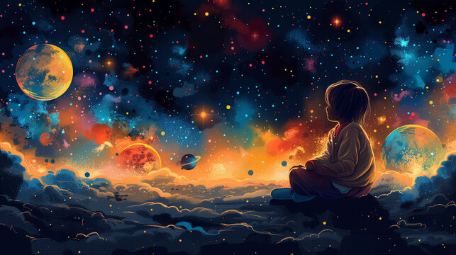 a boy sitting on a planetary surface, observing other planets, satellites, and asteroids in outer space. a massive assembly of millions or billions of stars, along with dust and gas, all gravitational