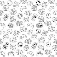 Seamless pattern hand drawn black outline pastry bakery on white background.