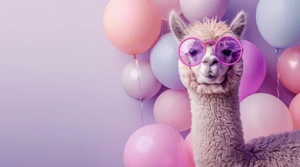 Foto auf Alu-Dibond A smiling alpaca wearing pink sunglasses stands in front of pastel balloons, with ample left side space for text. © Moopingz