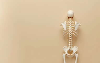 Human Skeleton Spinal Vertebral Column focus on a plain medical background with space for text. generative ai