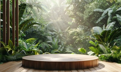Dark podium in tropical forest for product presentation and green background