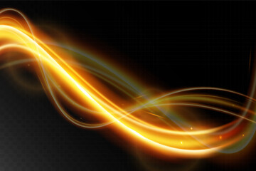 Light wave,shiny gold lines.Color glowing design element.Wavy bright stripes.Vector illustration.	

