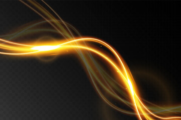 Light wave,shiny gold lines.Color glowing design element.Wavy bright stripes.Vector illustration.	

