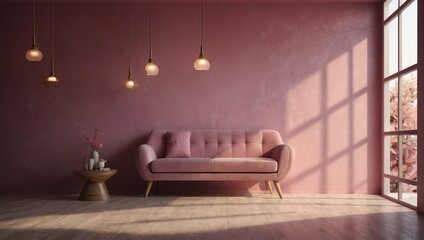 A chic living room in shades of pink with designer furniture casting soft shadows in the serene morning light