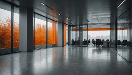 A contemporary office design with large windows showcasing the autumn landscape, symbolizing change and transition in a business context - obrazy, fototapety, plakaty