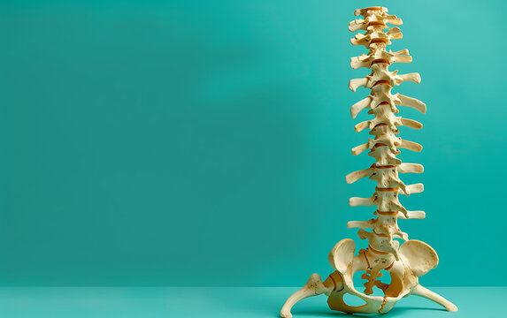 Human Skeleton Spinal Vertebral Column focus on a plain medical background with space for text. generative ai