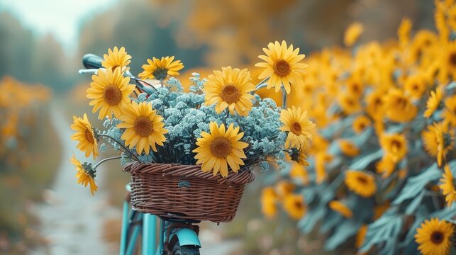 A child's bicycle playfully decorated with a bouquet of daisies and sunflowers.