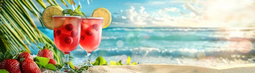 A cool, tropical drink with condensation sweats in the summer heat as water splashes playfully nearby