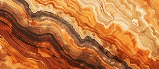 Closeup of a brown wooden surface with a marble texture, showcasing a beautiful geological phenomenon. The patterns mix wood and peach colors - obrazy, fototapety, plakaty