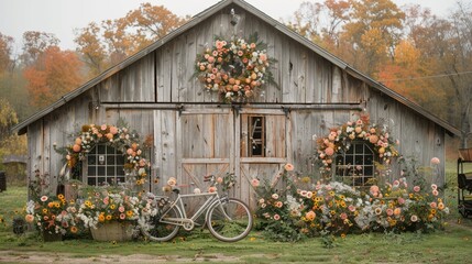 Fototapeta na wymiar A rustic bicycle parked against a weathered barn, its handlebars adorned with a wreath of wildflowers.
