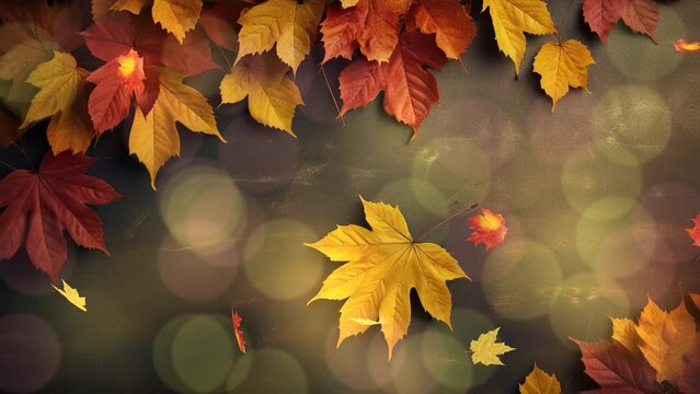 Autumnal Roundup: Orange and Yellow Leaf Silhouette with Wood and Bokeh Effect - 4K Video Looping.