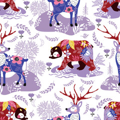 Seamless pattern with forest animals. Bear and deer. Floristic background. - obrazy, fototapety, plakaty