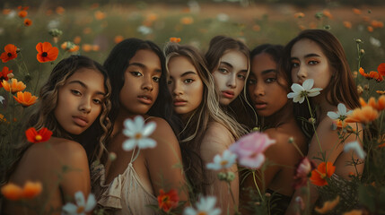 Photograph of diverse ethnicity group of beautiful girls in a field full of blooming flowers . Model photography.