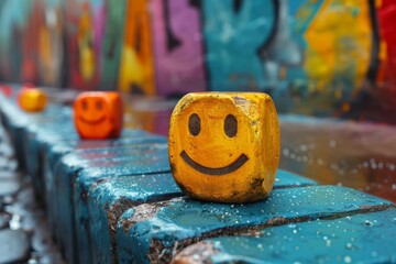 Cheerful painted happy face on a brick amidst a bright and colorful graffiti background in the rain