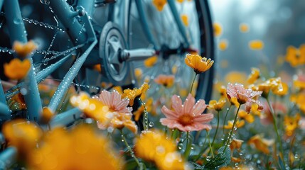 A close-up shot of a bicycle's frame, its metallic surface glistening with dewdrops from the morning mist, delicate wildflowers nestled among its spokes.