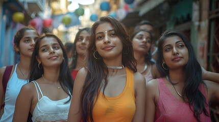 Fototapeta premium Photograph of diverse ethnicity group of beautiful girls walking on the street . Model photography.