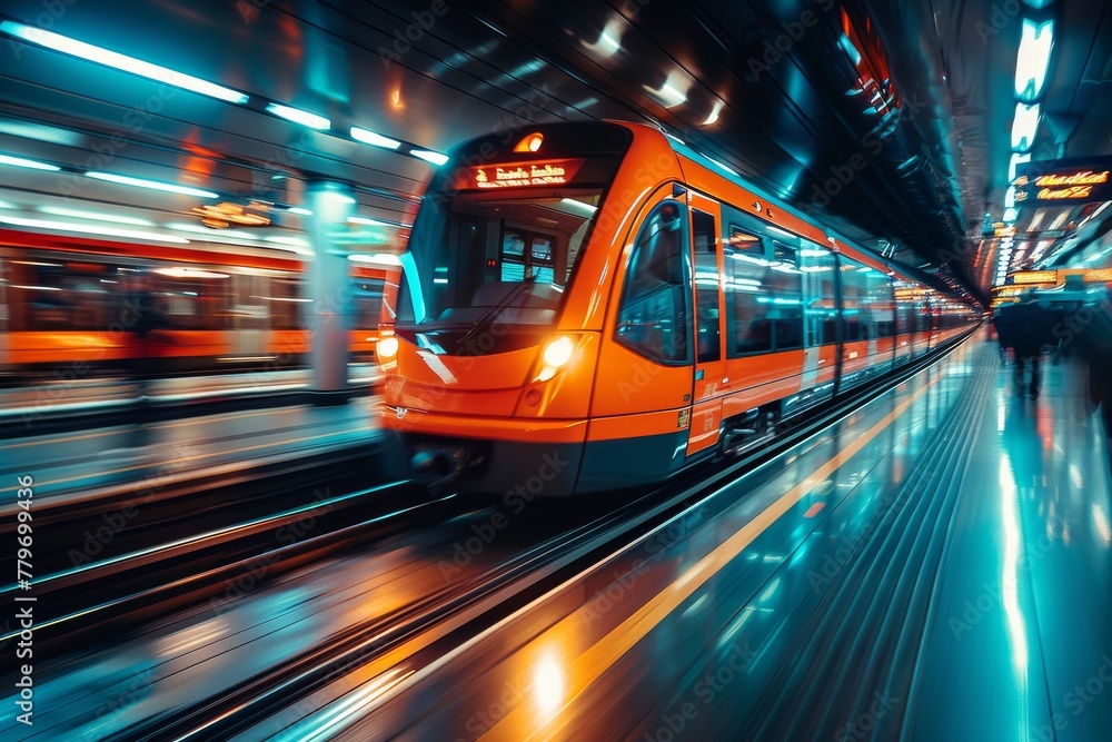 Poster a vibrant and dynamic image capturing a high-speed train in motion, passing through a station with l
