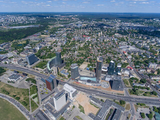 Vilnius City Cityscape, Lithuania. Business Town in Background. Drone Point of View. Snipiskes...