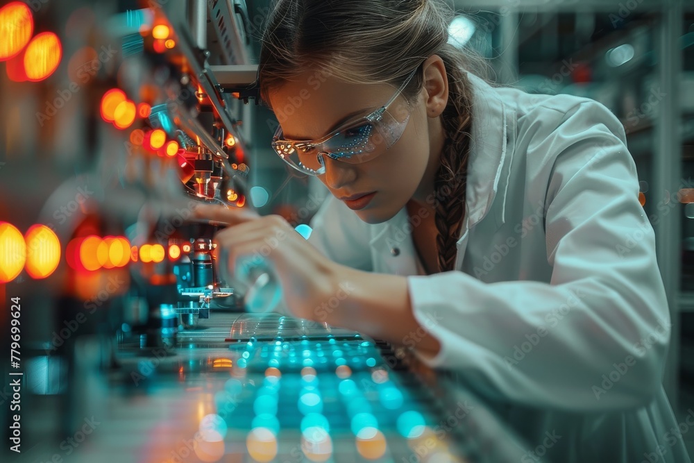 Poster an image depicting a focused scientist in a lab coat meticulously analyzing test samples