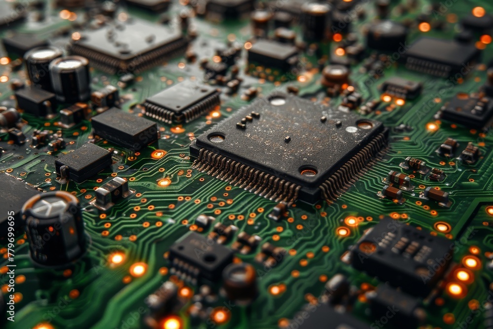 Poster detailed image showcasing an electronic circuit board with intricate chips and connections