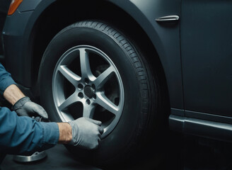 Hands of mechanic changing a wheel of a modern car  The character and all objects are fictitious, the image was created using the neural network Fooocus v2