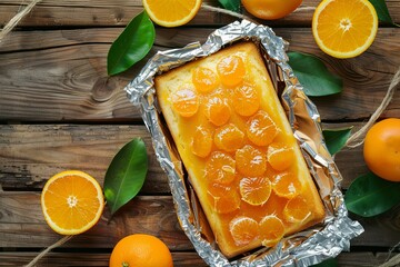 Homemade mandarin orange sponge cake with orange jelly and pulp on wooden table in top view Homemade bakery for cafe - obrazy, fototapety, plakaty