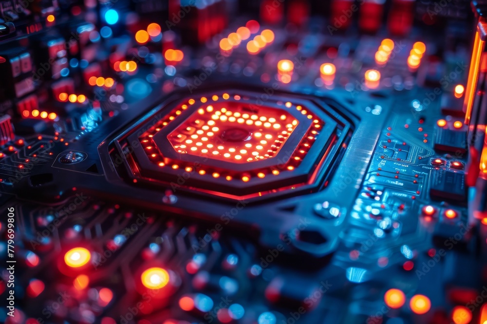 Poster macro shot of a processor chip with vivid red illumination symbolizing high performance and computin