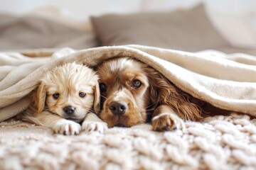 Kitten and puppy cuddled under blanket Blank space for text