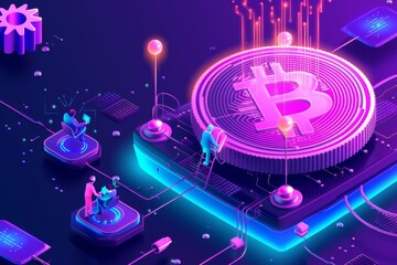 Fototapeta premium Isometric Illustration of Virtual People Interacting with a Bitcoin Concept on a Digital Network.